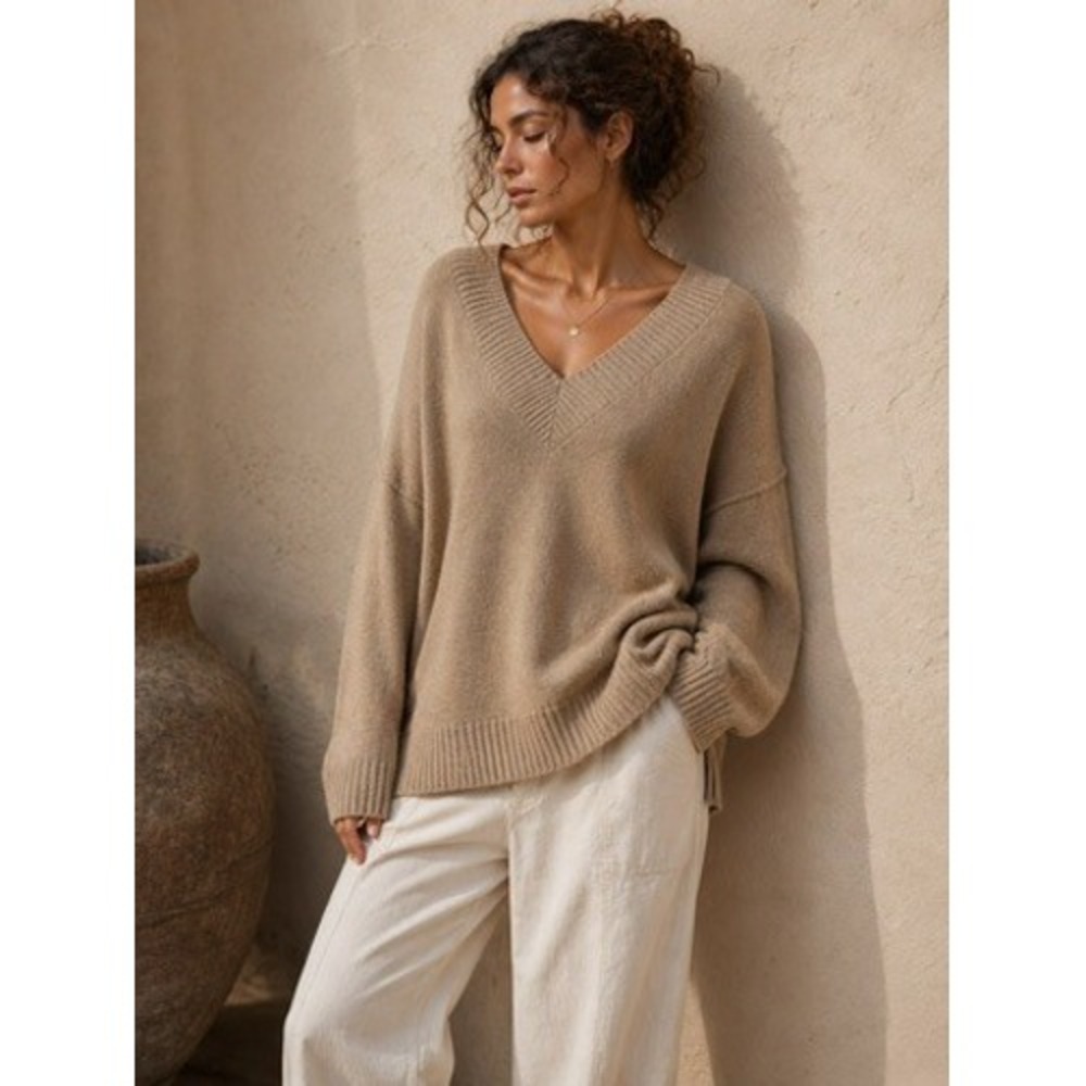 Song of Style Aimee Song Camel Tan V-Neck Oversized Pullover Sweater Womens XL
